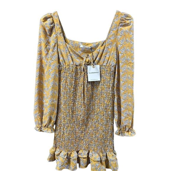 💕HOST PICK💝 Glamorous PUFF LONG SLEEVE SMOCKED MINI DRESS dress Ochre 4 6 8 - Picture 5 of 15